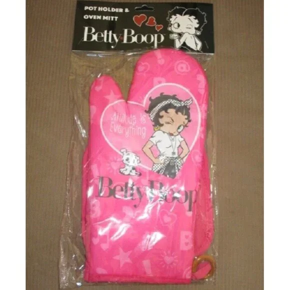 New Pink Oven Mitt & Potholder Set Betty Boop Pudgy Gift Kitchen Attitude Photo - Picture 2 of 3